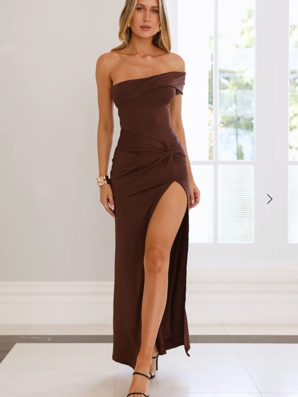 Hello Molly Chocolate Brown One-Shoulder Maxi Dress